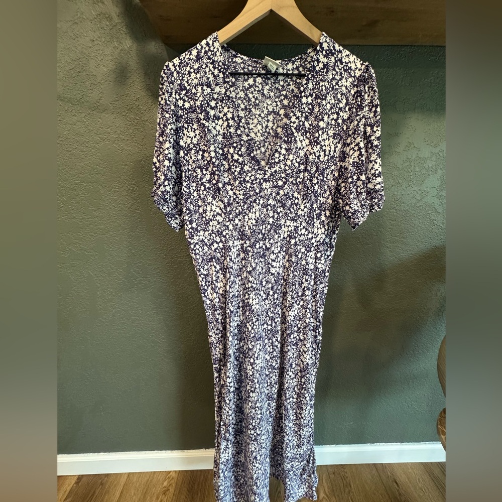 Floral Puff-Sleeve Midi Dress - blue